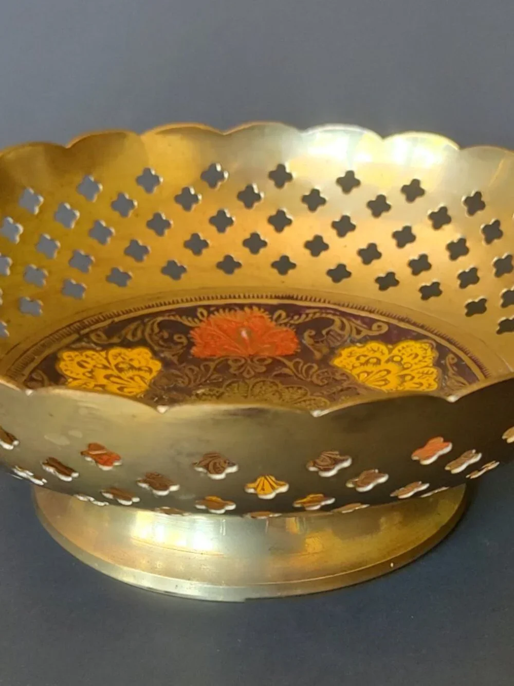 Vintage Indian Brass Pedestal Bowl Pierced Woven Design Enameled Floral Center